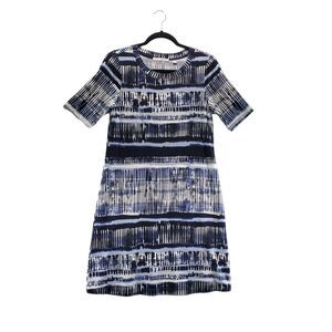 S Snoskins Viscose Jersey T-Shirt Knit Dress Blue Abstract Knee Length Stretch